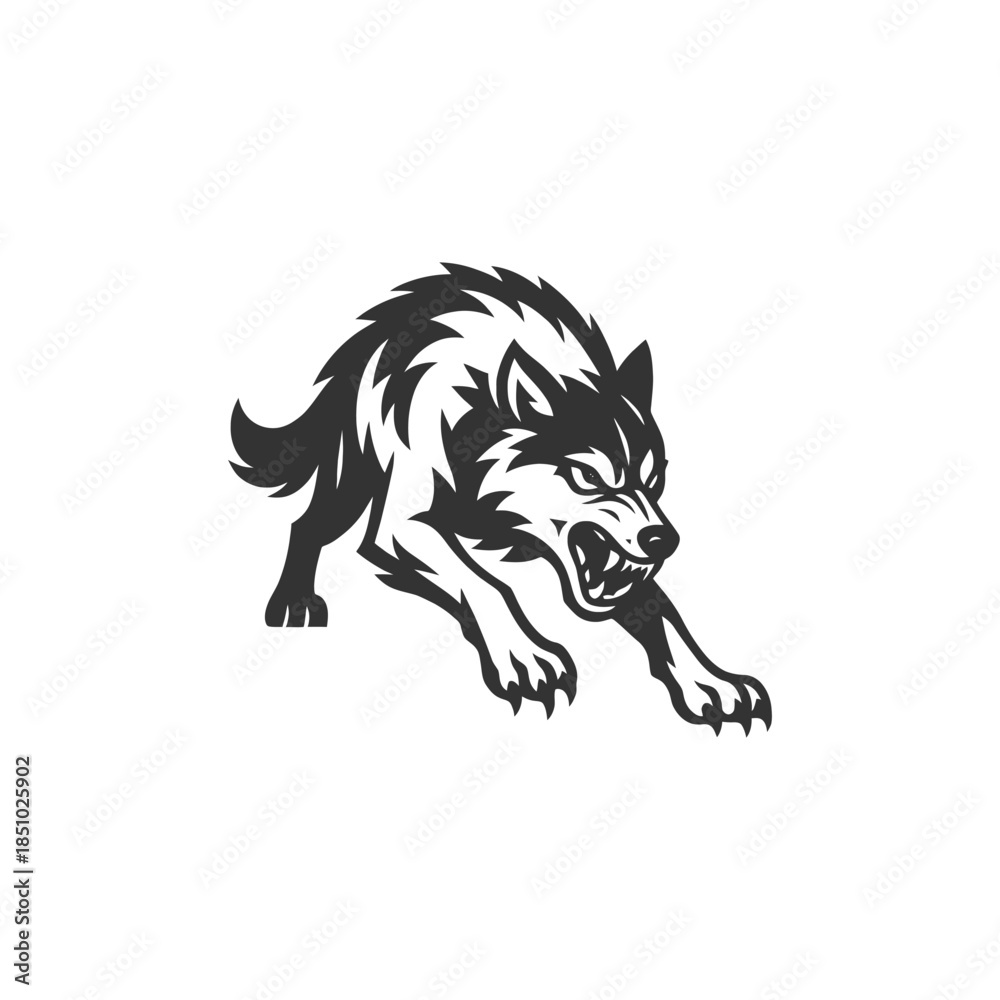 Fototapeta premium Intense wolf snarling powerfully in striking black and white, perfect for bold designs and strong branding