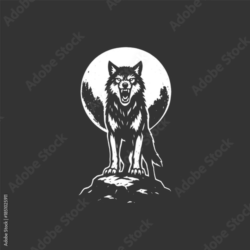 Intense wolf howling at the moon, standing on a rocky outcrop in the wilderness at night