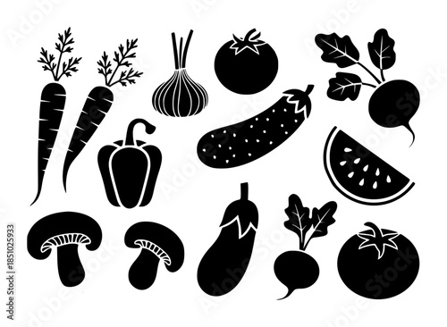 Black silhouette collection of fresh vegetables and fruits white background editable