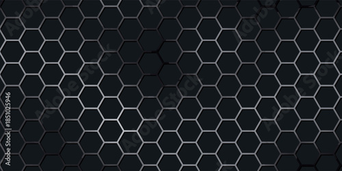 Hexagonal patterns create a visually striking geometric design on a dark background.