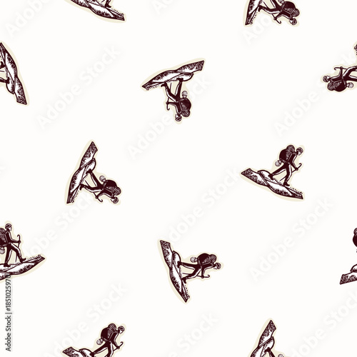 Pilgrim man figure with backpack seamless vector pattern. Hand drawn black and white religious christian pilgrimage background. For hiking all over print. 
