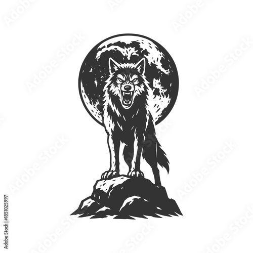 Majestic wolf graphic howling at full moon, a powerful symbol of wilderness and untamed nature