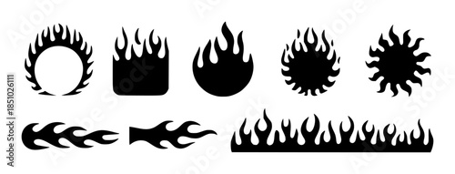 Collection of black flame shapes including circular square linear and sunburst patterns editable fire