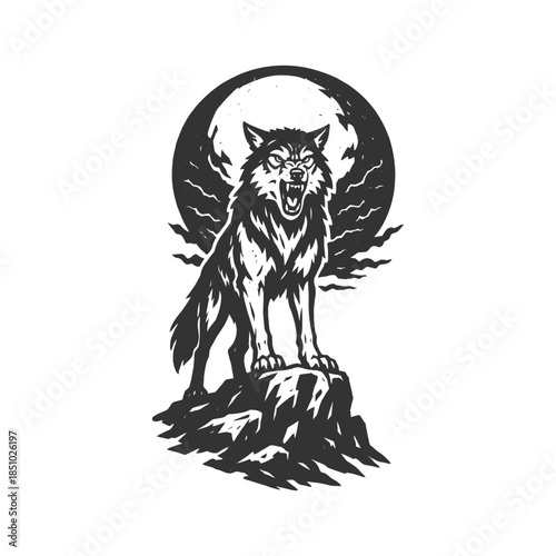 Majestic wolf howling at the moon on a rocky peak in the night wild nature animal silhouette