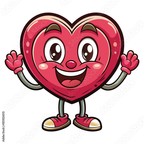 A cute red cartoon heart vector character with a happy smiling face and a funny smile creates a fun romantic illustration symbol for a Valentine Day health icon or love sign