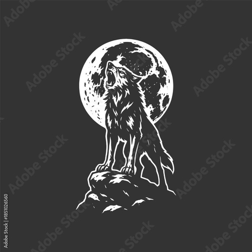 Mystical wolf howling at a full moon, standing on a rocky peak under the moonlight night sky