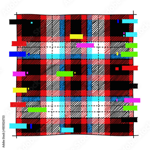 Digital glitch effect on classic plaid fabric design  
