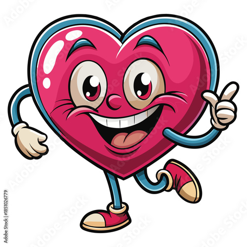 Cute happy heart cartoon character illustration featuring a funny smiling face with a big toothy smile and crazy eyes in a creative vector art drawing design