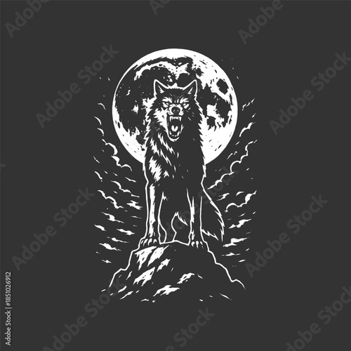 Powerful wolf howling at a full moon on a dark night atop a rocky peak for spooky Halloween themes
