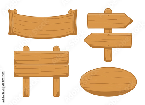 Set of wooden signs and banners with wood grain texture and realistic shading