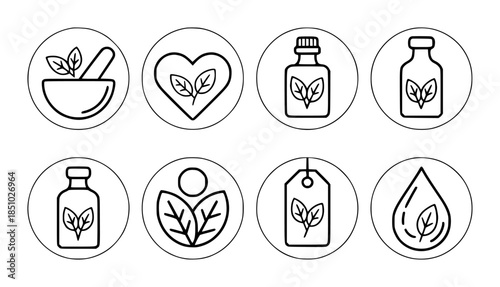 Set of circular outline featuring botanical and health symbols including mortar pestle heart bottle tag and drop