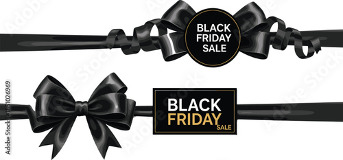 Elegant Black Friday sale banners featuring glossy silk ribbons and bows with gold text for luxury retail promotions.