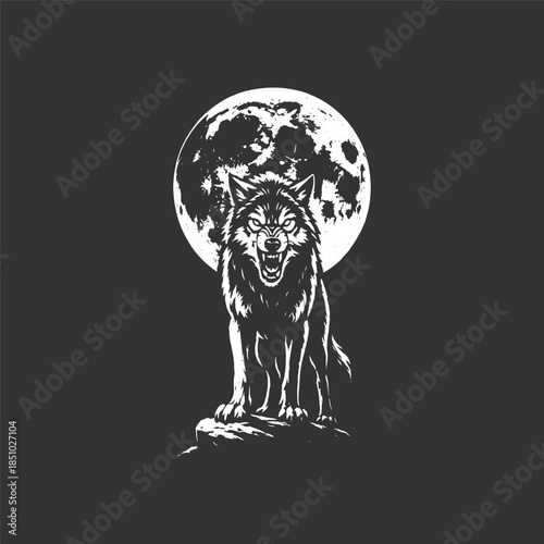 Powerful wolf howling at the moon evokes wilderness and strength in a striking monochrome design