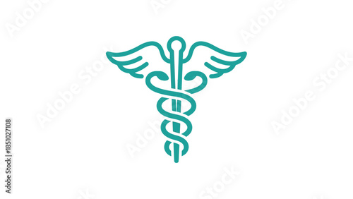 Teal Caduceus Medical Symbol with Wings on White Background.