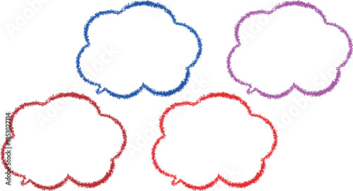 Colorful speech bubbles.  Each bubble has a "fuzzy" or "textured" outline, giving it a hand-drawn, crayon, or chalk-like appearance.　Each bubble features a different vibrant color.