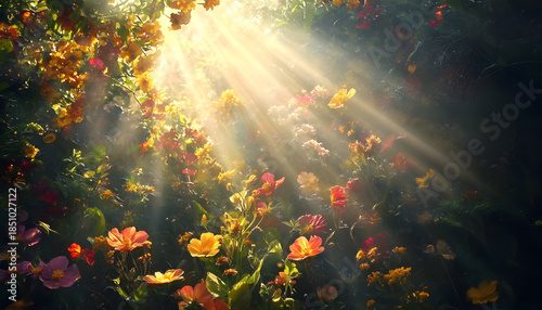 Wallpaper Mural Golden rays of sunlight pierce through a myriad of flowers, creating an ethereal scene that captivates the senses. The photo is hyperrealistic. Torontodigital.ca
