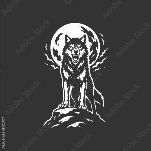 Powerful wolf howling at the moon, embodying strength and wilderness in monochrome design for logo