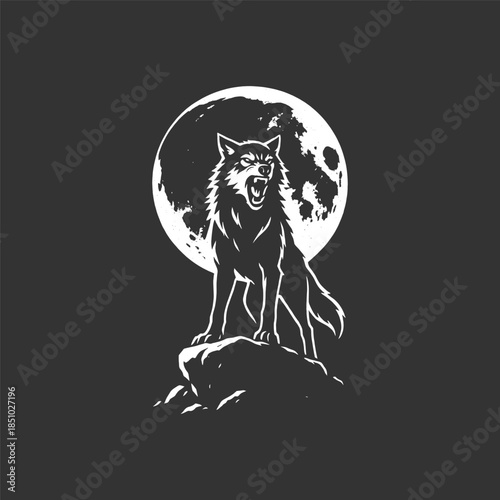 Powerful wolf howling at the moon, standing on a rock, a symbol of wild nature and untamed spirit