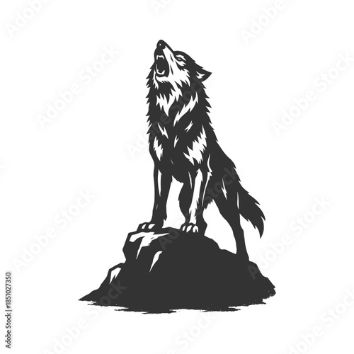 Powerful wolf howling on a rock, perfect for nature, animal, or branding designs with a strong, wild feel