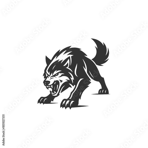 Powerful wolf illustration embodies strength, ready to pounce in black and white style for branding projects