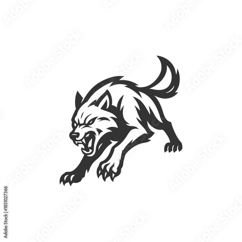 Powerful wolf leaping forward with ferocious snarl ready to pounce in striking black and white design
