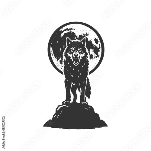 Powerful wolf silhouette howling at the moon, standing proud on rock, a symbol of wild nature and strength