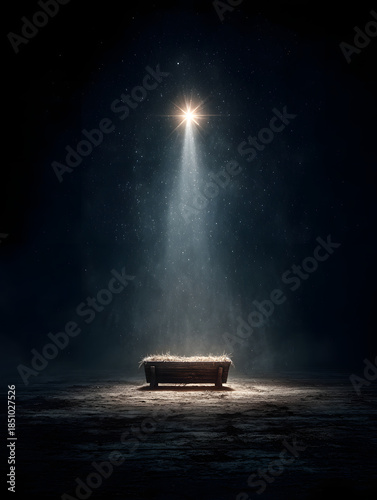 conceptual nativity scene featuring an empty wooden manger under a radiant bright star symbolizing anticipation and hope