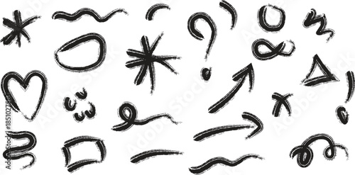 Hand drawn symbols and shapes on a white background