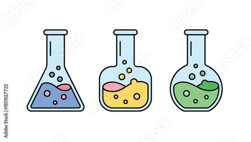 Three laboratory flasks with colorful liquids and bubbles.