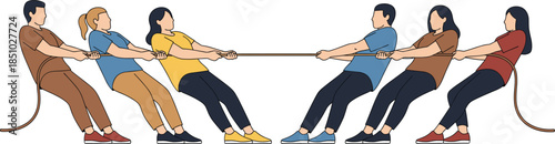 Flat vector illustration of a diverse group of people engaged in a tug of war competition symbolizing teamwork strength and corporate challenge.