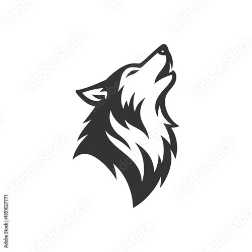 Striking wolf head howling upwards in a bold, minimalist grayscale design great for logos or branding