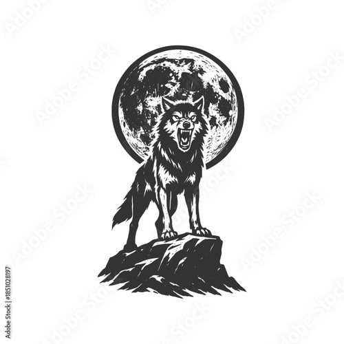 Strong wolf baring teeth roars at the moon atop a craggy peak for striking designs of nature's power