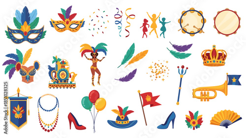 Collection of colorful carnival masks costumes and accessories