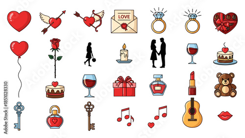Collection of love and romance themed icons with hearts and gifts