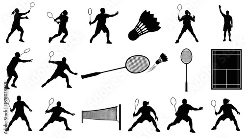 Collection of silhouettes practicing badminton and tennis activities
