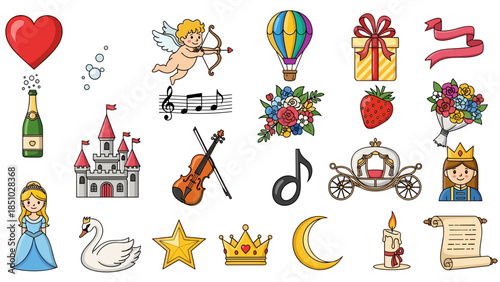 Collection of festive holiday icons including cake music and gifts