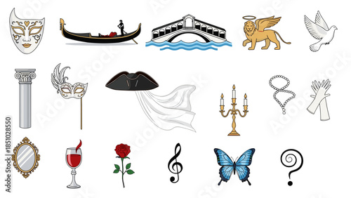 Collection of various symbolic objects and icons plain