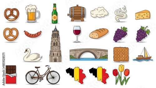 Collection of colorful european symbols including food, landmarks, and transportation