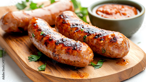 Delicious grilled sausages served on a wooden board with a side of savory sauce and fresh herbs.