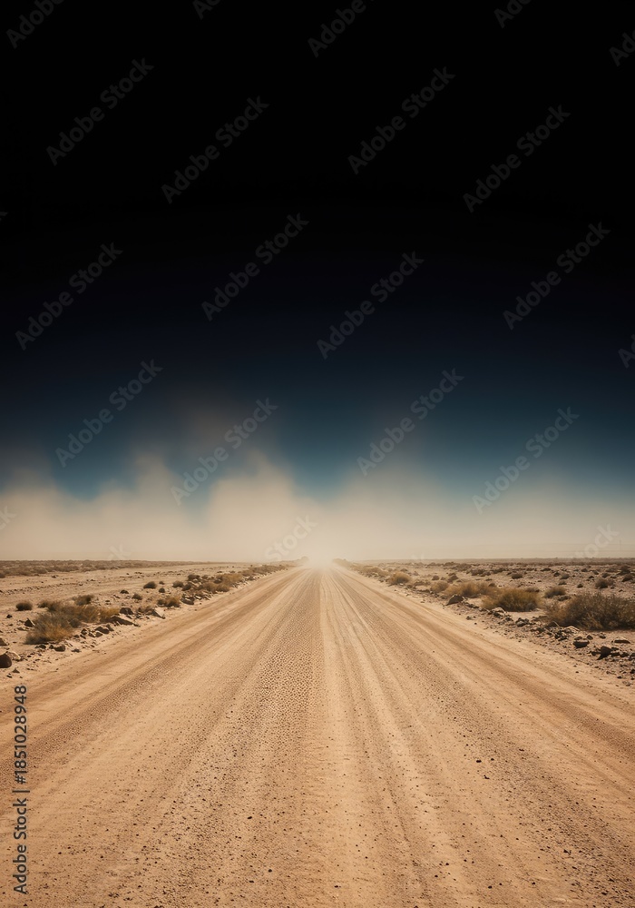 Fototapeta premium A lonely, dusty dirt road stretches endlessly across arid terrain, symbolizing a challenging journey or intense, long-term training effort ,trail ,rugged ,distant