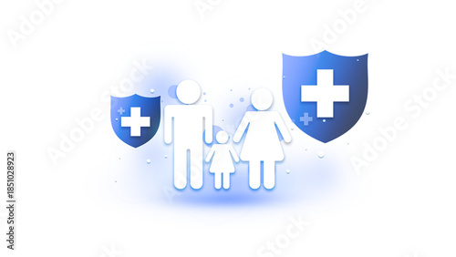 Health cover concept family icon in frame covering plus sign. Health insurance and medical welfare concept. Future healthcare planning. Isolated on transparent background, 