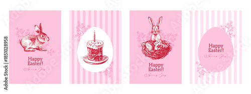 Vintage Easter hand drawn banner set. Spring greeting cards and invitation design. Retro sketch vector illustration. Stickers collage elements
