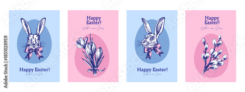 Vintage Happy Easter hand drawn banner set. Spring greeting cards and invitation design. Retro sketch vector illustration. Sticker collage elements