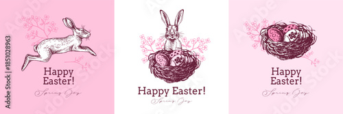 Vintage Happy Easter hand drawn banner set. Spring greeting cards and elegant invitation design. Retro sketch vector illustration. Stickers collage elements