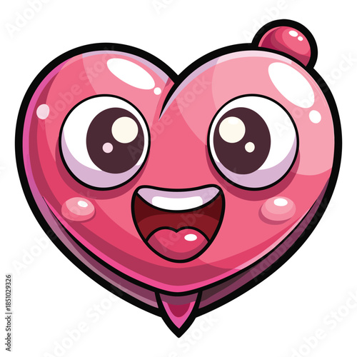 A cute cartoon character with a happy smiling face and pink heart illustration serves as a romantic vector icon for a fun Valentine Day design symbol