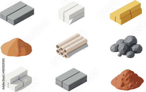 Isometric construction materials vector set featuring stacks of bricks metal pipes stone piles sand heaps and concrete blocks for building and industrial design.