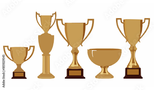 Golden Trophy Cups and Championship Awards Realistic Vector Set Isolated