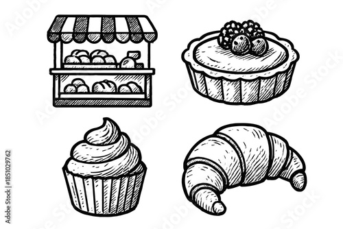 Vector tart icon shop cupcake outline bakery pastry set counter croissant rough