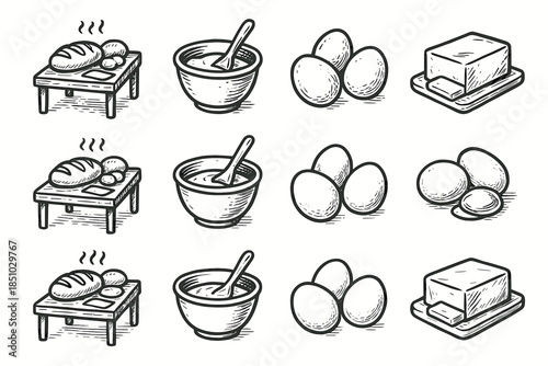 Morning icon doodle vector collection eggs mixing bakery bowl bake butter table