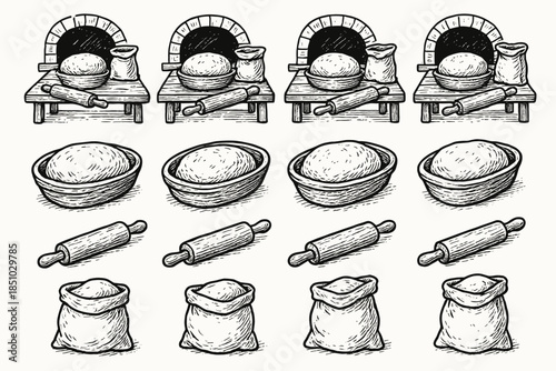 Rolling bowl rustic vector bakery icon setup pin sack flour